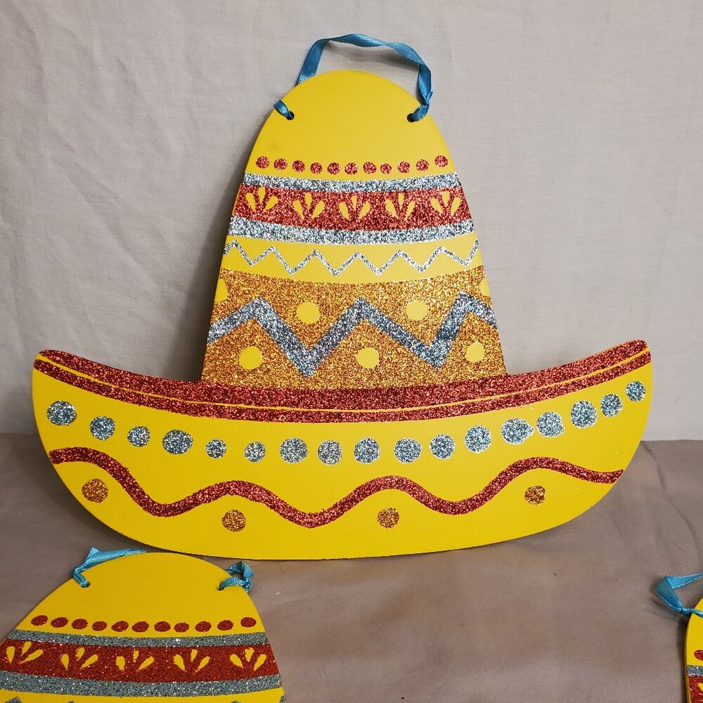 Cute Sombrero Yellow Glitter Hanging Sign Decor Fiesta Party Decoration Set of 5